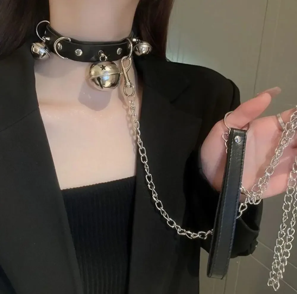 Punk Goth Black PU Leather Choker Collar with Bells and Leash Set